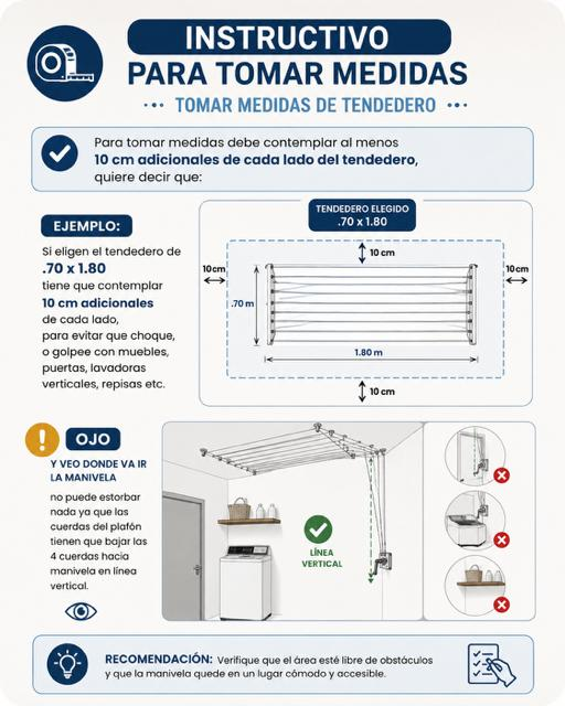 Instructivo ilustrado con las medidas del tendedero Tender Plus